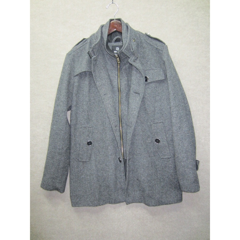 Wantdo Mens Gray Wool Blend Pea Coat Removable Bib Herringbone Jacket Size L